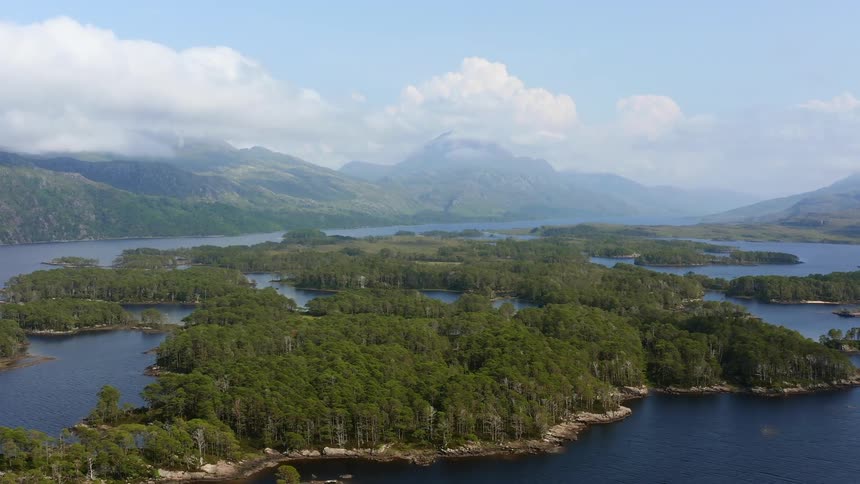 Island forests surrounded by a lake and mountains on the horizon under a cloudy sky