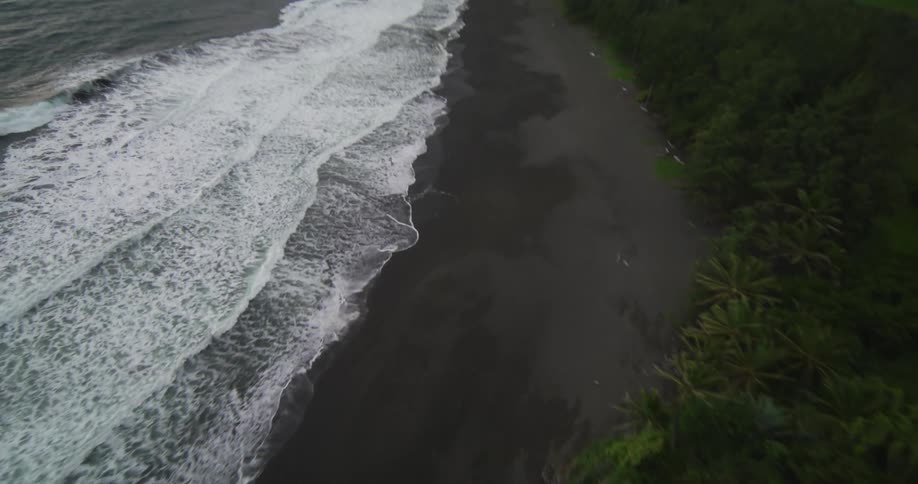 Waves roll in on a beach along a forested shoreline under a cloudy sky