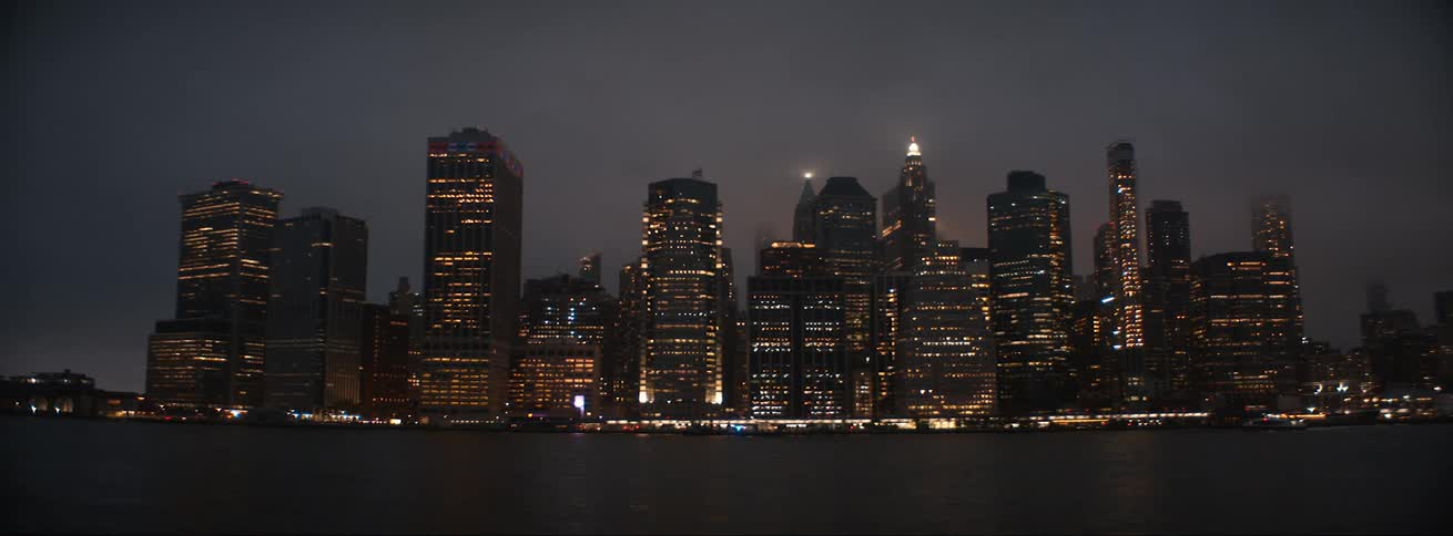 City lights at night on the skyscrapers in the skyline at night