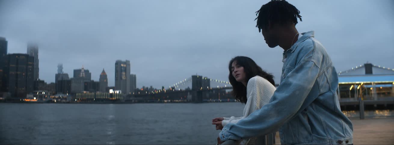 Couple leans against rail overlooking harbor with bridge and skyline in the background