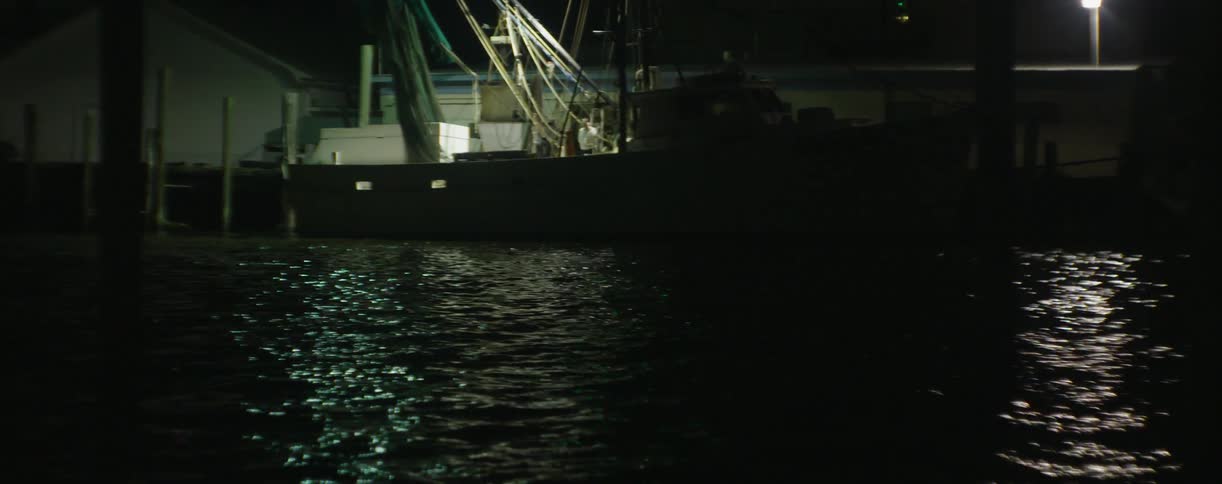 A boat is docked at night near a pier