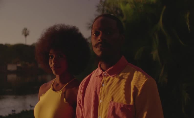 Female dancer with curly hair and yellow dress and man with braids and pink yellow shirt stand in front of trees on grass at dusk