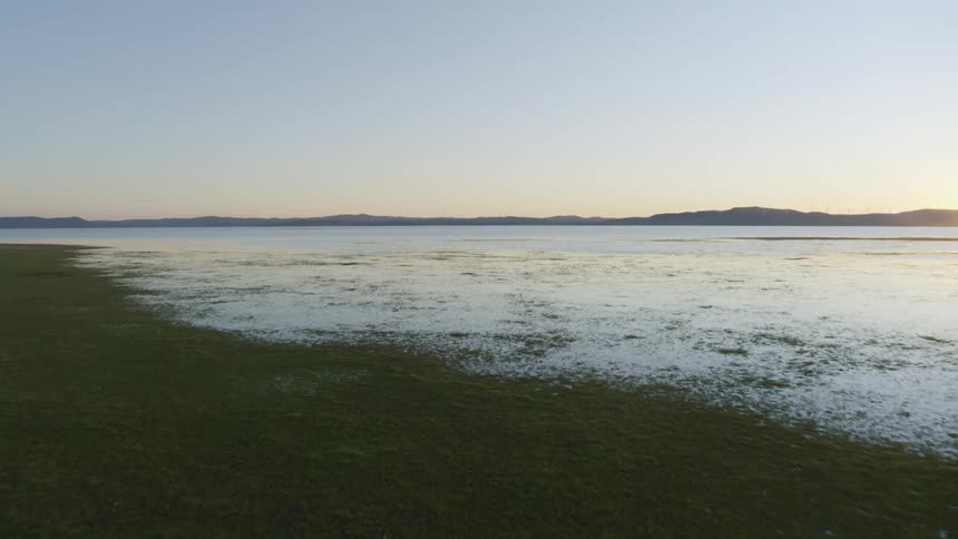 Grass and vegetation grow in and around the large lake