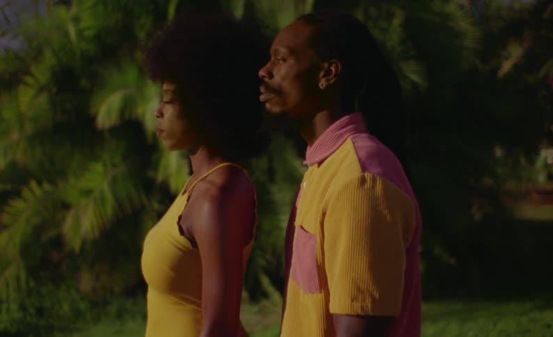 Side view of female dancer with curly hair and yellow dress and male dancer with braids and pink yellow shirt standing in front of trees on grass at night