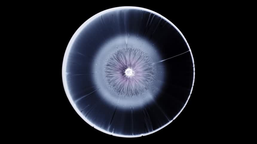 Expanding ring of white liquid ink with swirling violet ink inside over a black background