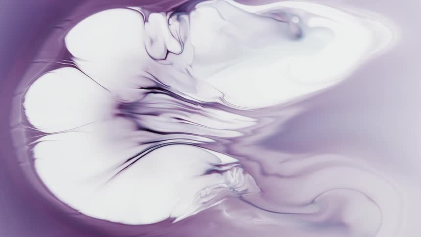 Blobs and waves of bright purple liquid ink flowing over a white background