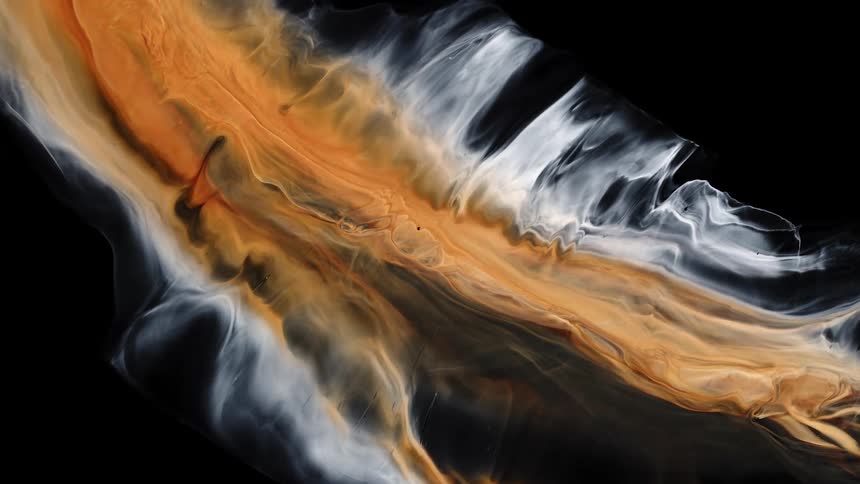 Abstract orange white liquids flow and spread on black background