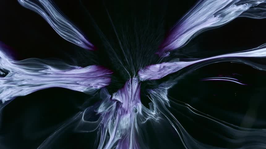 Streaks and streams of purple and white liquid ink flowing over a black background