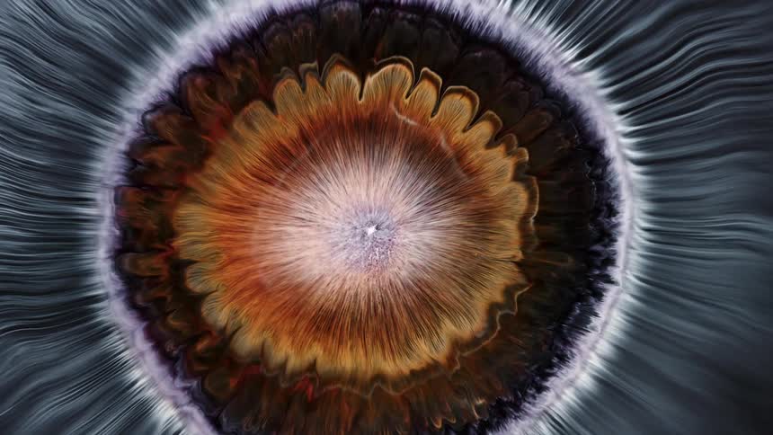 Expanding ring of white liquid ink with swirling orange ink inside over a black background