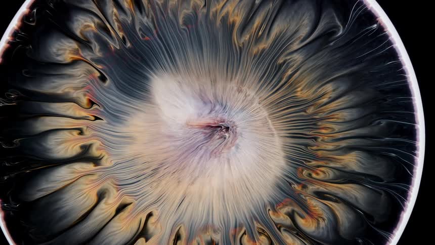 Expanding ring of white liquid ink with swirling orange ink inside over a black background
