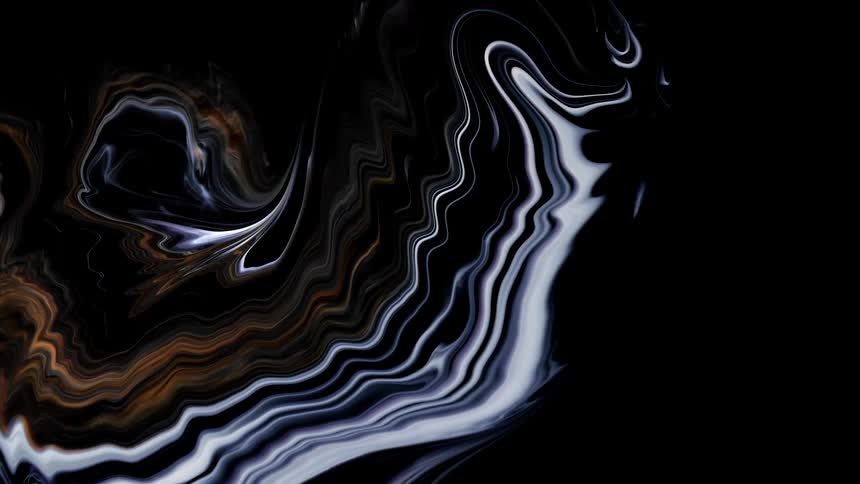 Streaks and streams of orange and white liquid ink flowing over a black background