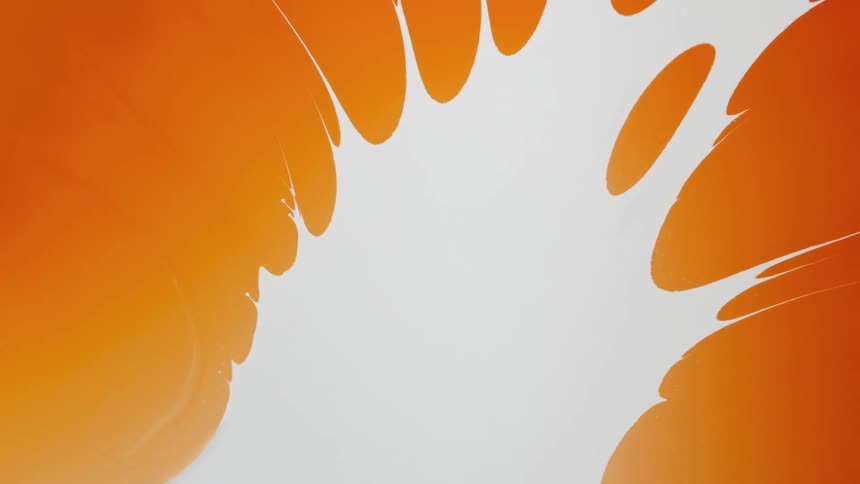 Blobs of bright orange liquid ink converge over a white background