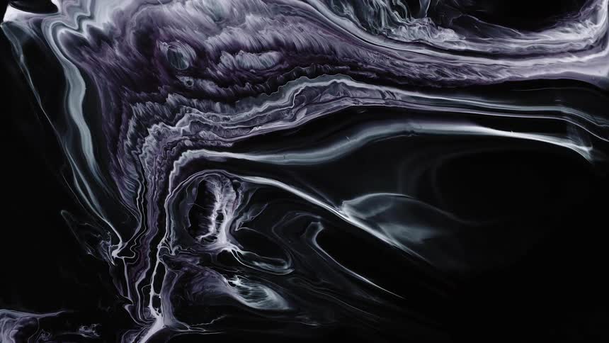 Streaks and streams of purple and white liquid ink flowing over a black background
