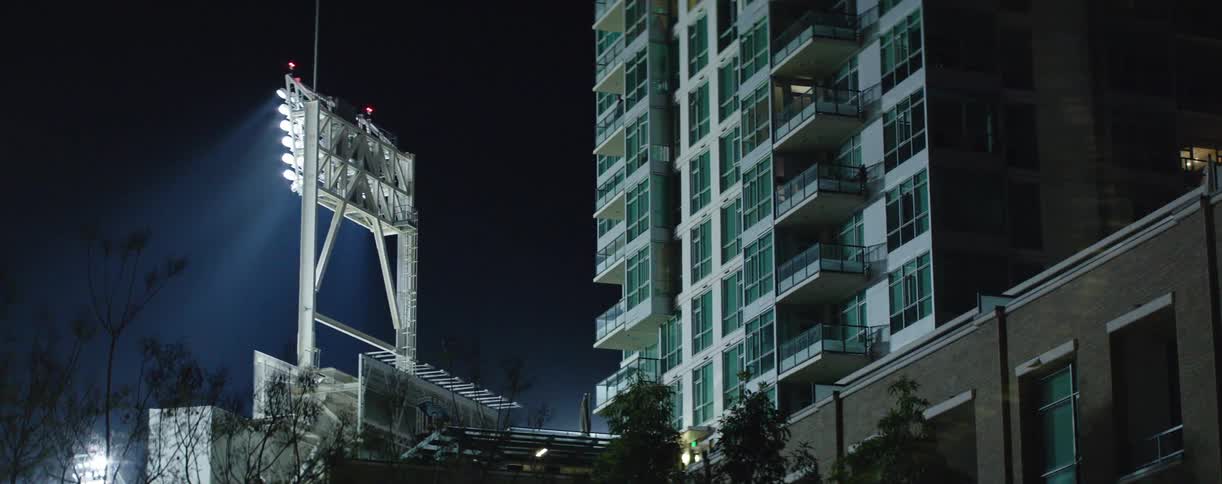 Outdoor arena lights shine at night