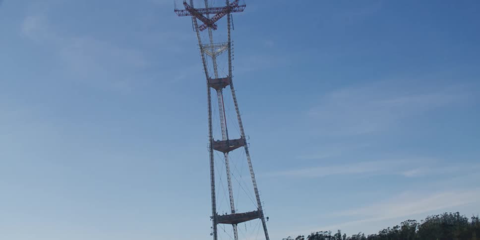 A transmission tower rises high above a line of trees