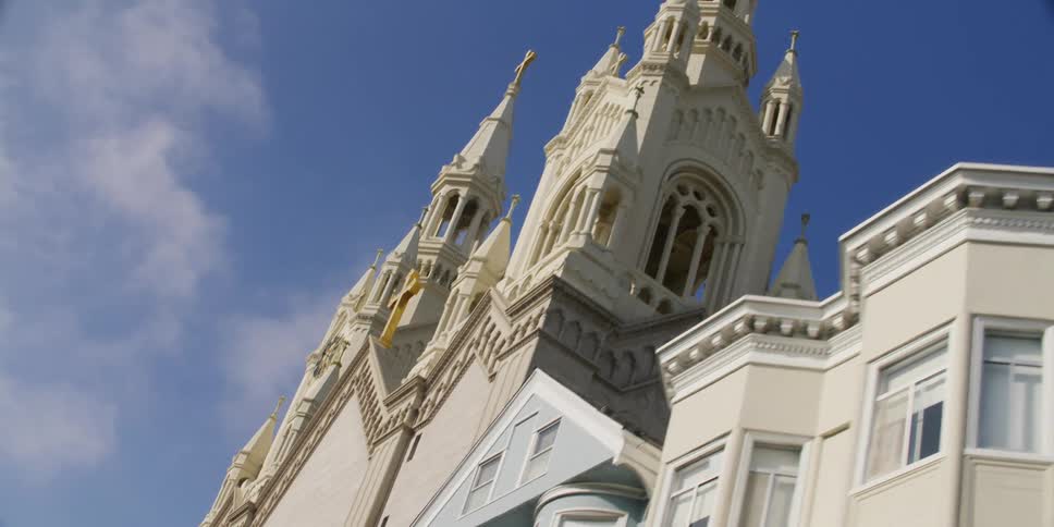 Bell tower and spires on a classic church in the morning