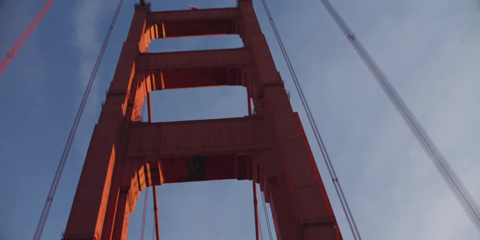 Aerial view of a suspension bridge is displayed