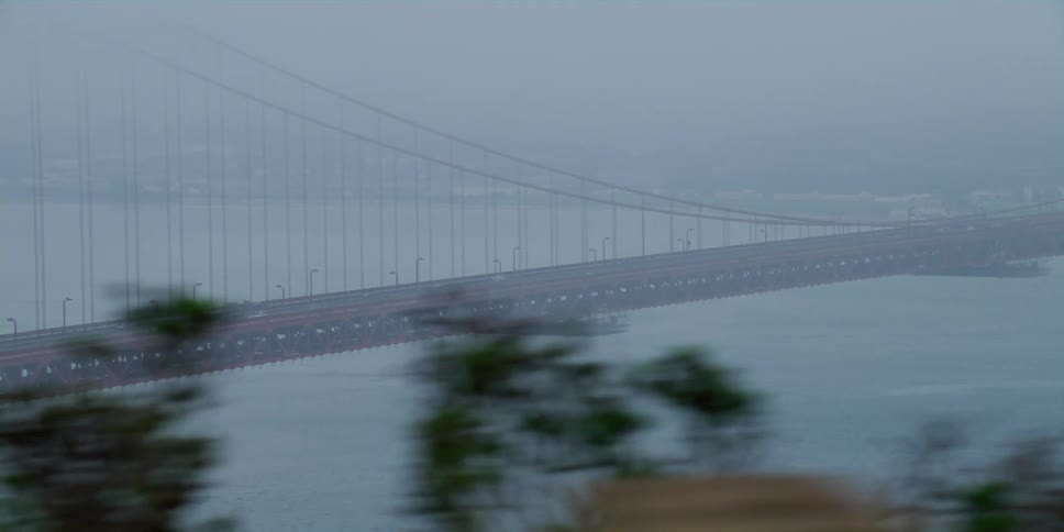 Cars drive across a bridge over a large body of water on a foggy day