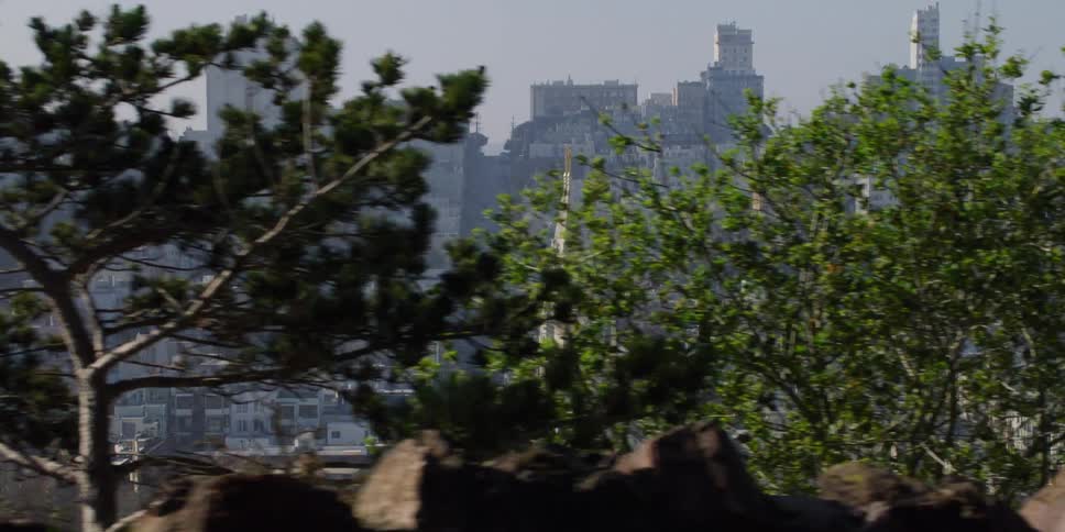 Man wearing facemask walks along path with mist covered downtown in the background