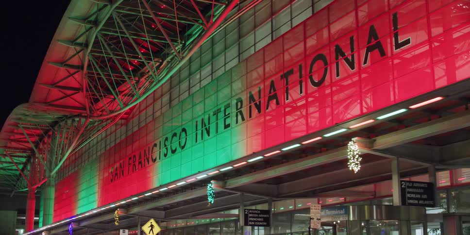 A view of a terminal is displayed at night