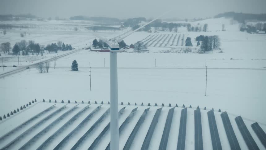 Aerial view of a wind turbine over solar panels in the snow covered countryside