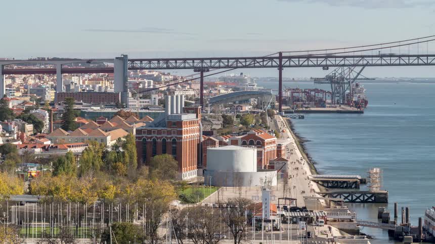 Time lapse of the skyline of a coastal town next to the ocean