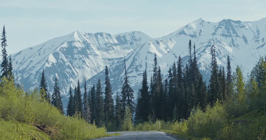 A road going down a mountain surrounded by trees and snow covered mountains in the distance