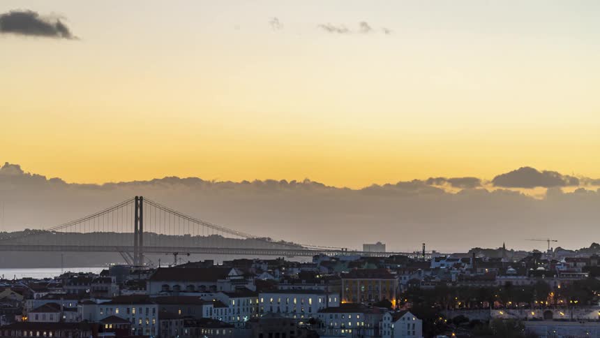 Clouds travel past as the sun shines and sets over a suspension bridge
