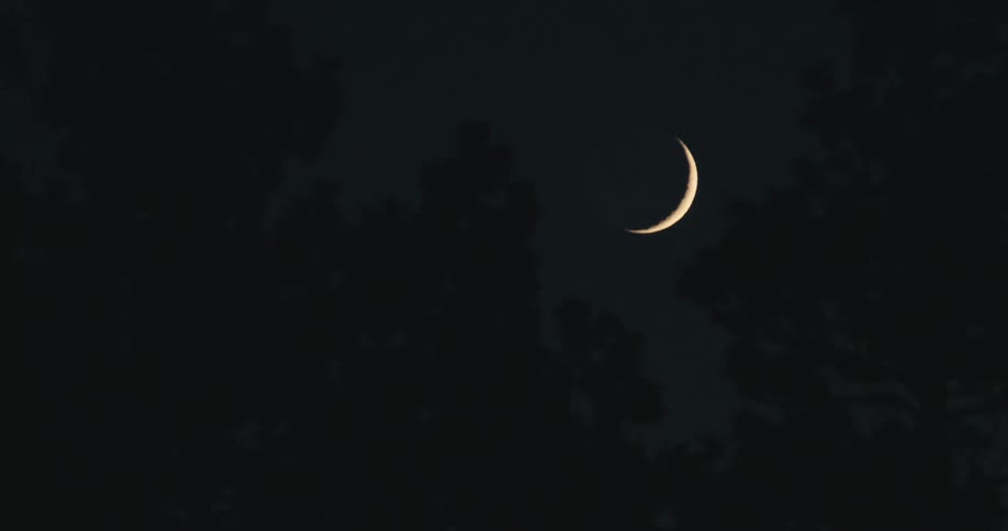 A sliver crescent moon shines in a dark sky