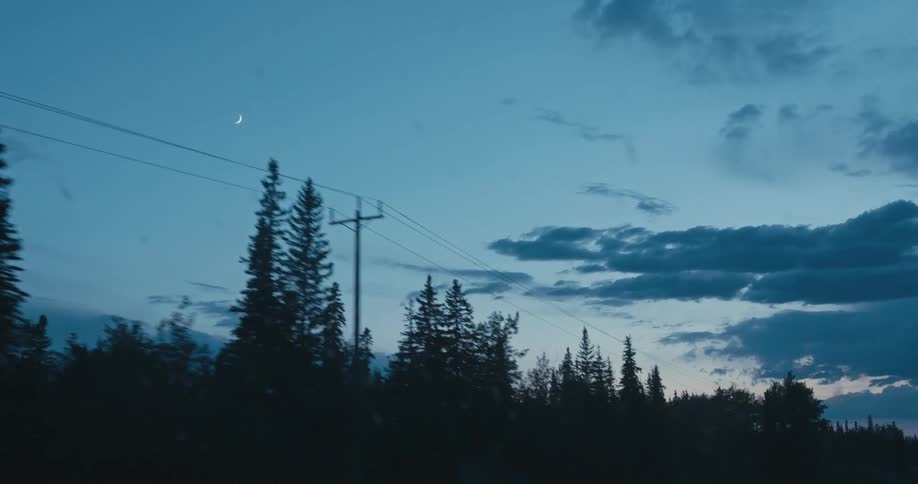 Traveling on a forest road at dusk with a crescent moon in the sky