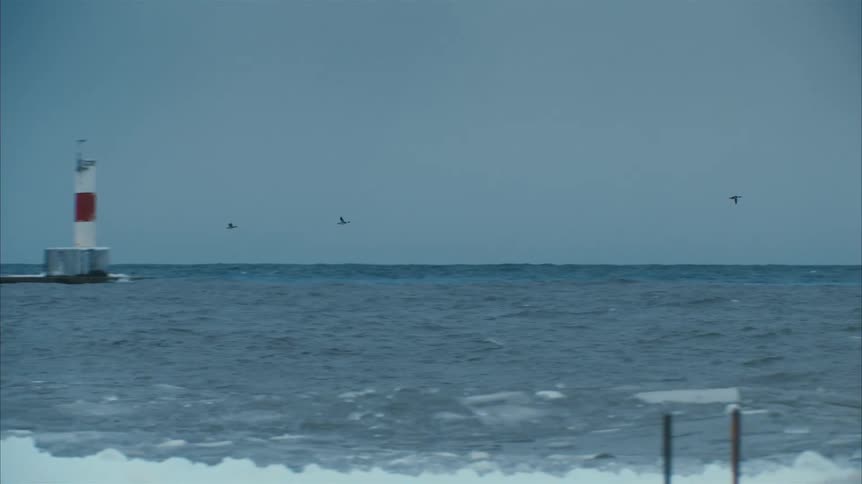 Ocean waves crash and splash over a jetty with beacon at the end while birds fly past
