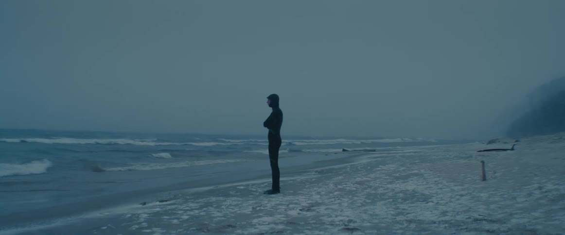 A person standing on a beach in the winter