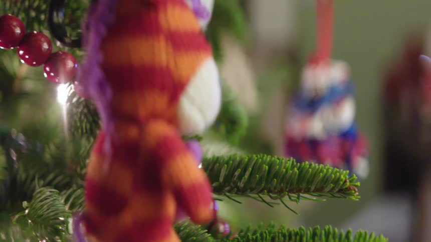 A stuffed animal ornament hangs from a christmas tree branch