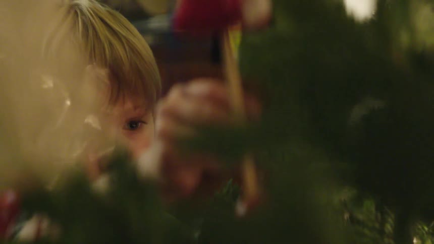A boy hangs ornament on christmas tree