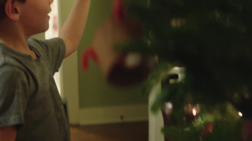 Young boy hanging an ornament on a christmas tree