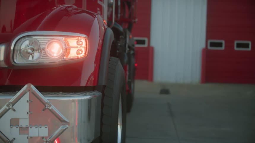 Red semi truck pulls out from space near building as another semi remains parked