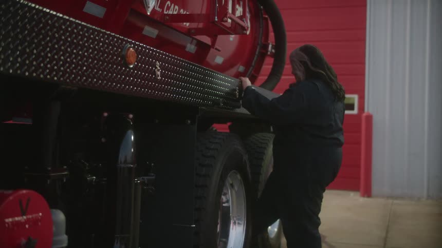 A woman is walking towards a fire truck