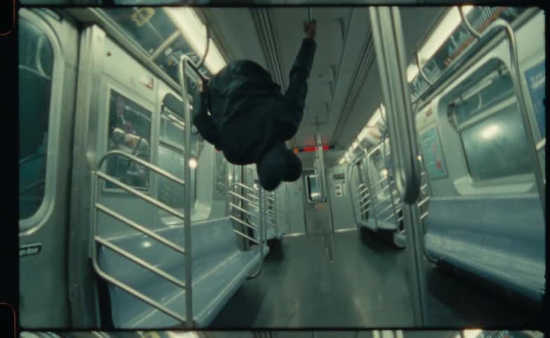 A man dances in an empty subway car jumping and hanging from the bars and poles
