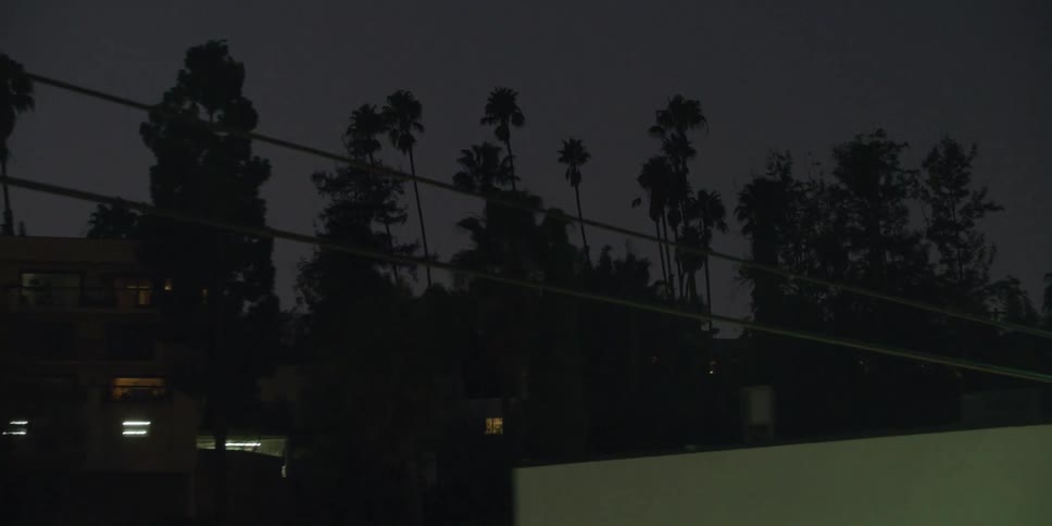 Traffic flows along street past buildings at night