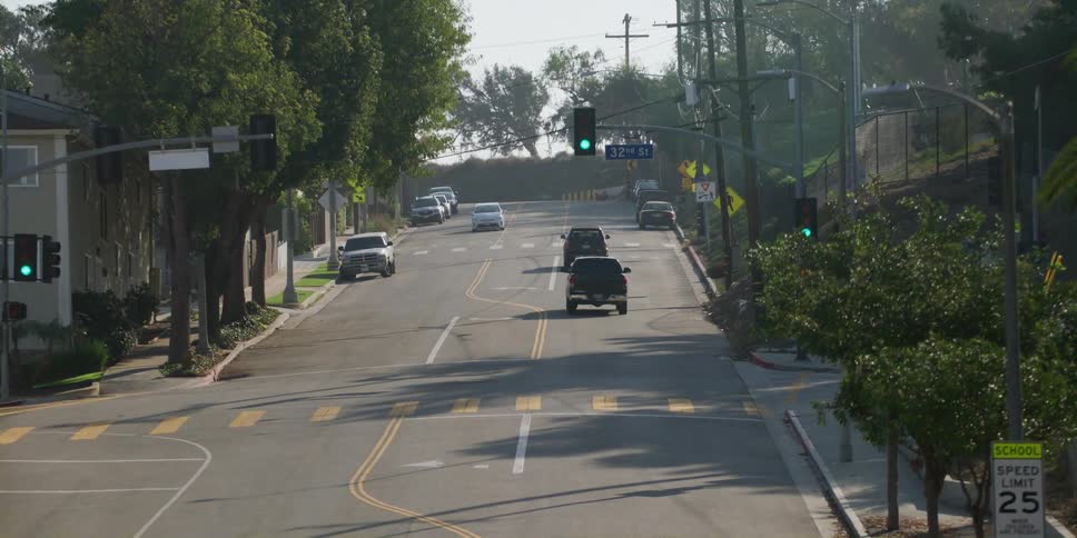 Cars and trucks are traveling on a road lined with trees and buildings move past a green light