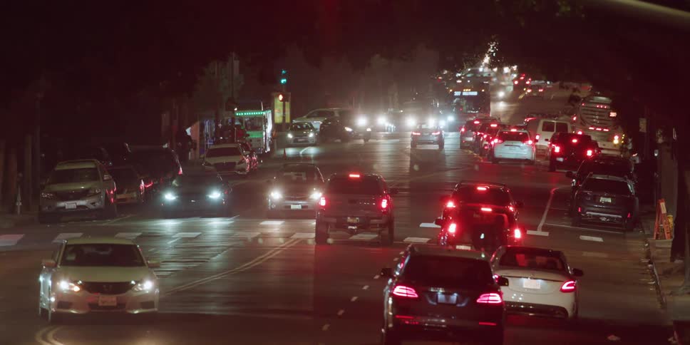 Traffic jam on a busy road at night
