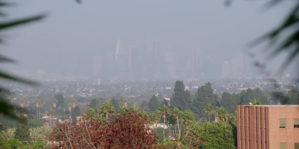 Big city skyline from a distant with high rise buildings in fog on the horizon