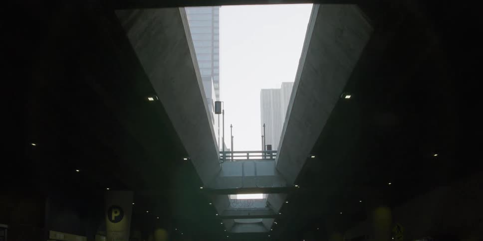 View of a downtown city and a tunnel is displayed