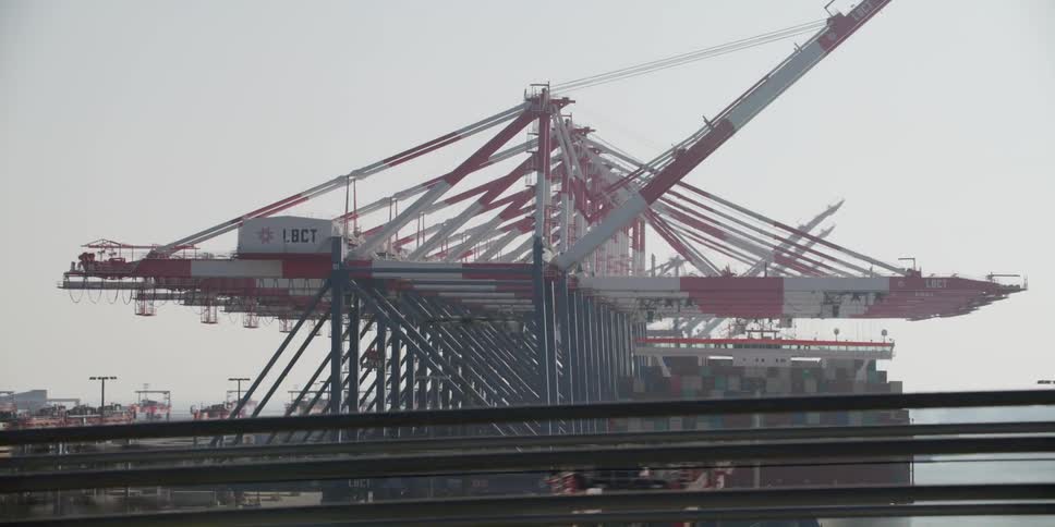 A row of shipping cranes are sitting in a port over stacked shipping containers