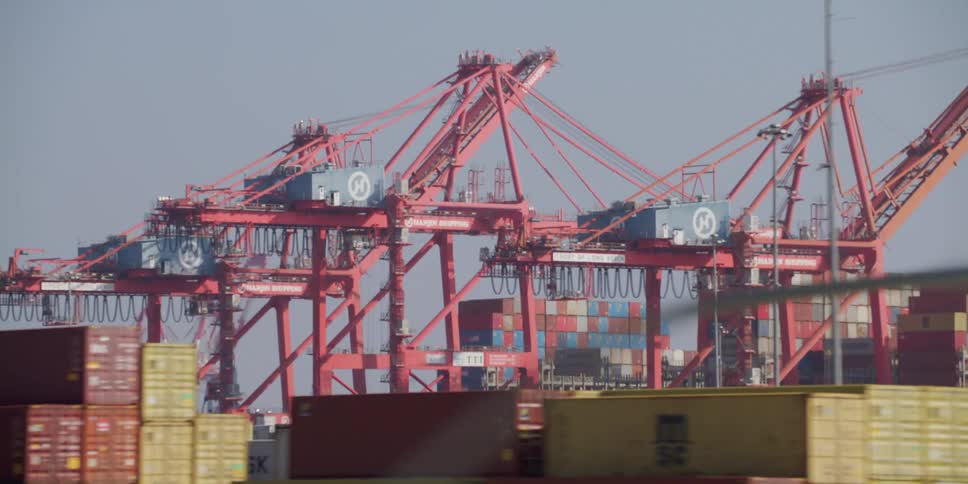A view of a shipping terminal with ships