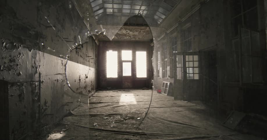 The glass window in the building is broken