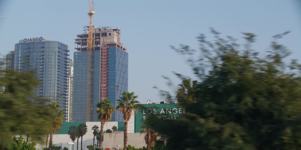View of a city with a convention center in front of multiple skyscrapers and some palm trees