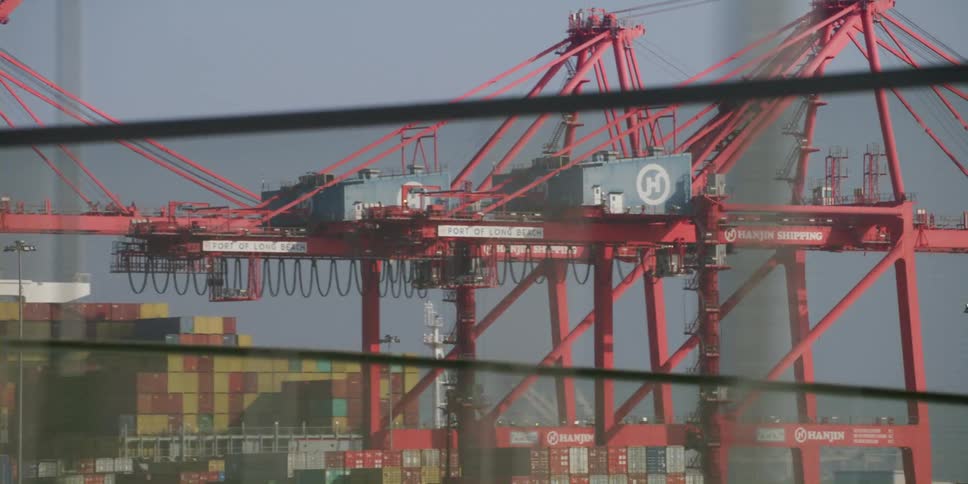 Shipping containers on a shipping freight at a dock