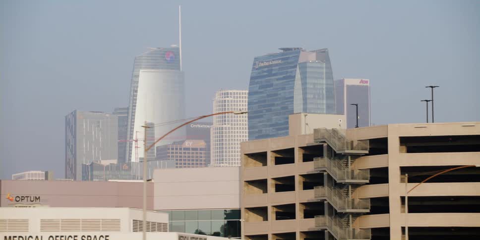 City skyline with high rise buildings in the background