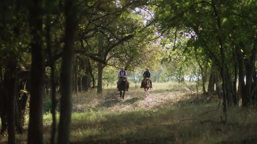 Two people riding horses through the trees in the country